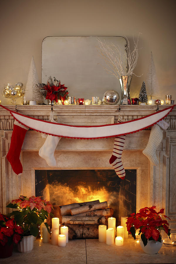 Christmas Photograph - Burning Fireplace With Christmas Decor by Gillham Studios