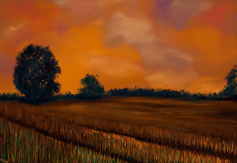 Landscape Painting - Burning Orange Sky and Ripening Corn Field by Karen Harding