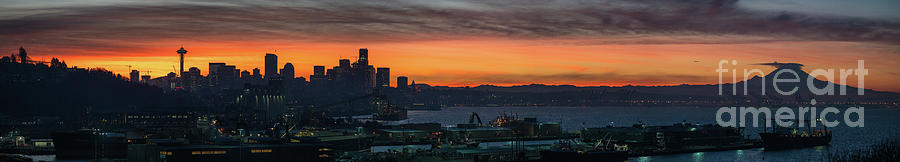 Seattle Photograph - Burning Seattle Skyline Sunrise Panorama by Mike Reid