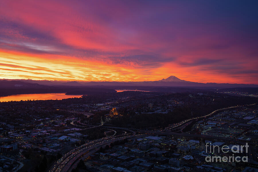 Burning Sunrise Skies Above Seattle And Mount Rainier Photograph