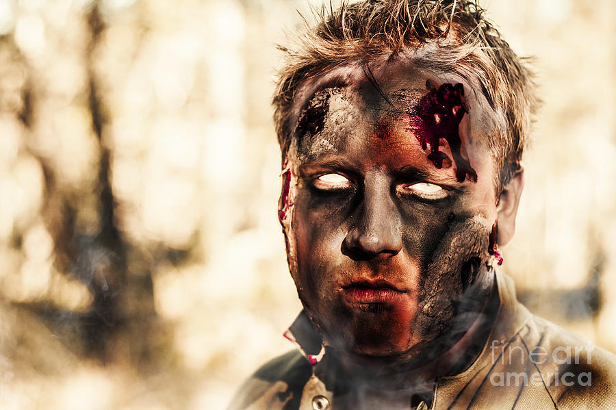 Burnt zombie standing in smouldering horror forest Photograph by Jorgo Photography