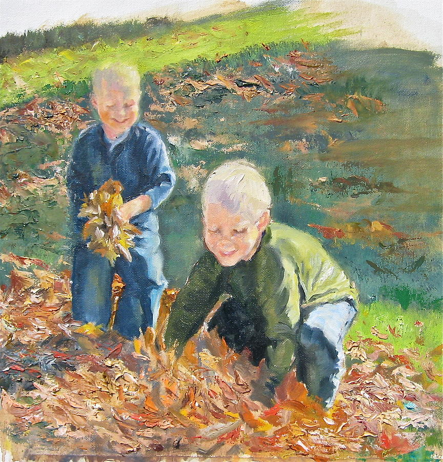 Fall Painting - Burying Dad in the Leaves by Catherine Lawhon