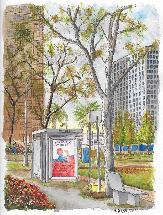 Bus stop in Century City, California Painting by Carlos G Groppa