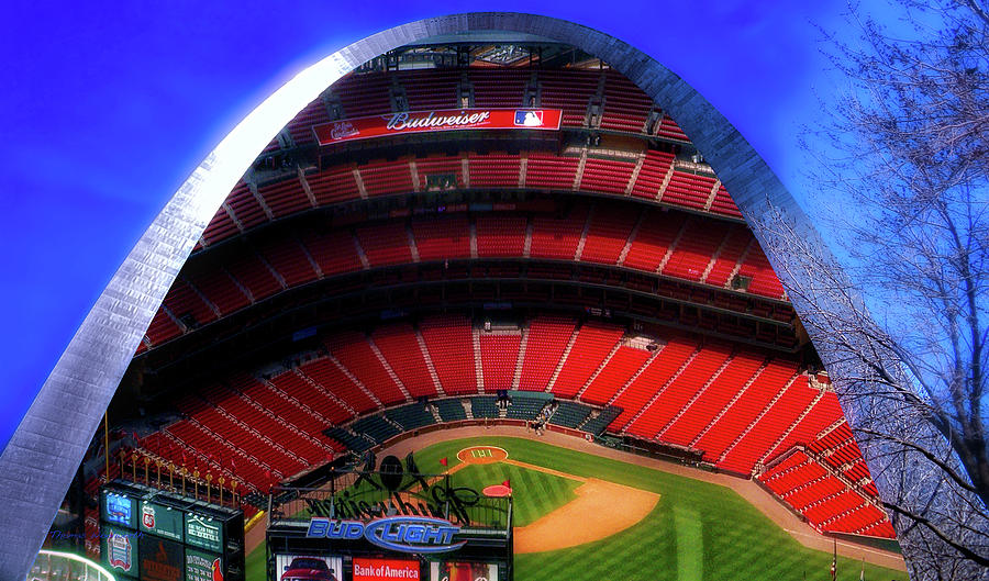 Architecture Photograph - Busch Stadium A Zoomed View From The Arch Merged Image by Thomas Woolworth