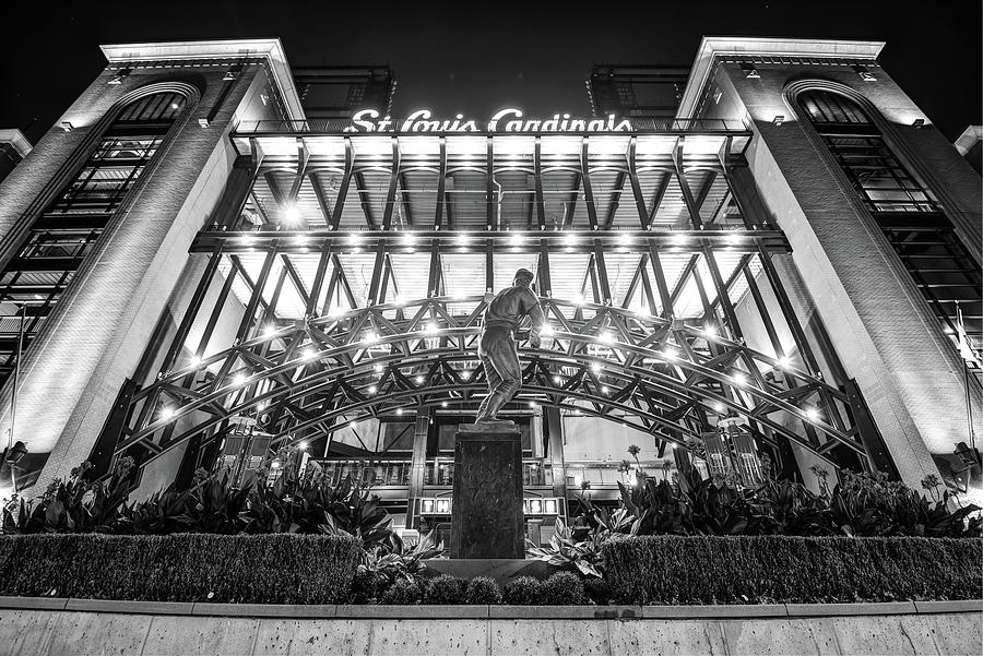 Saint Louis Busch Stadium and Stan Musial Statue - Black and White