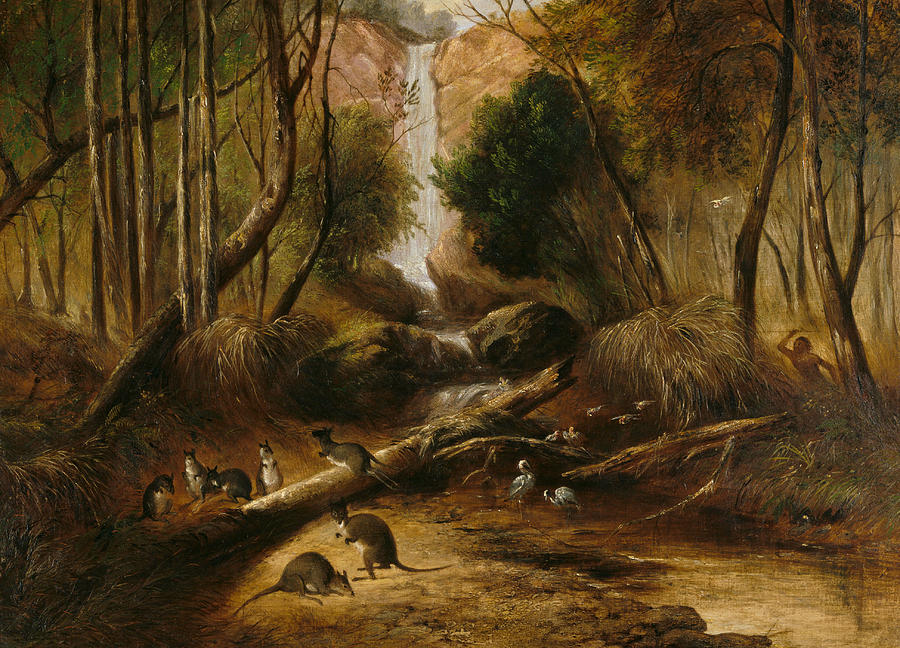 Bush landscape with waterfall and an aborigine stalking native animals, New South Wales Painting by John Skinner Prout