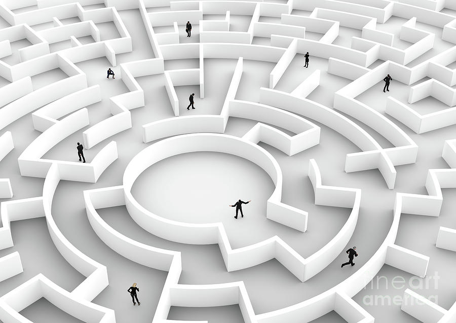 Business people competition - finding a solution of the maze., one winner. Photograph by Michal Bednarek