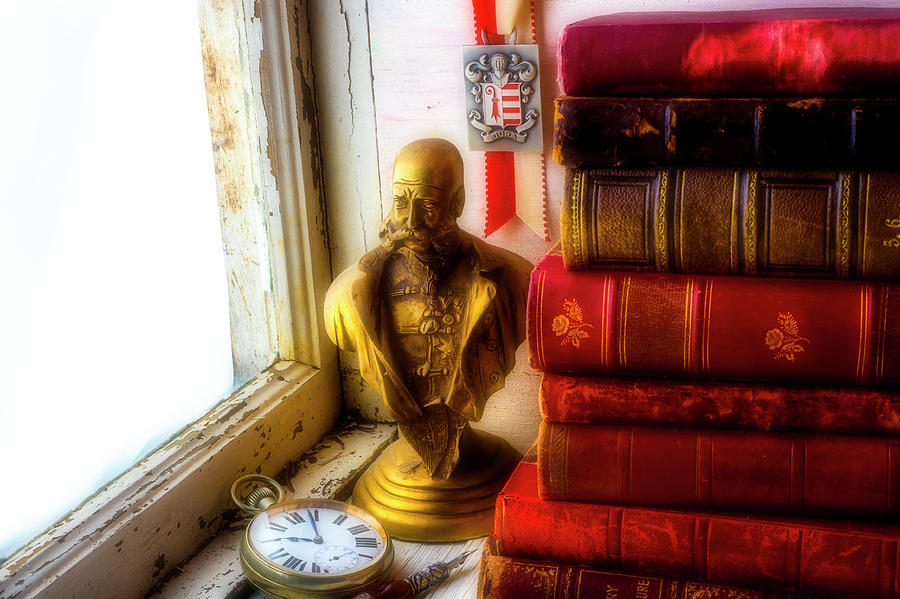 Bust And Old Books Photograph by Garry Gay