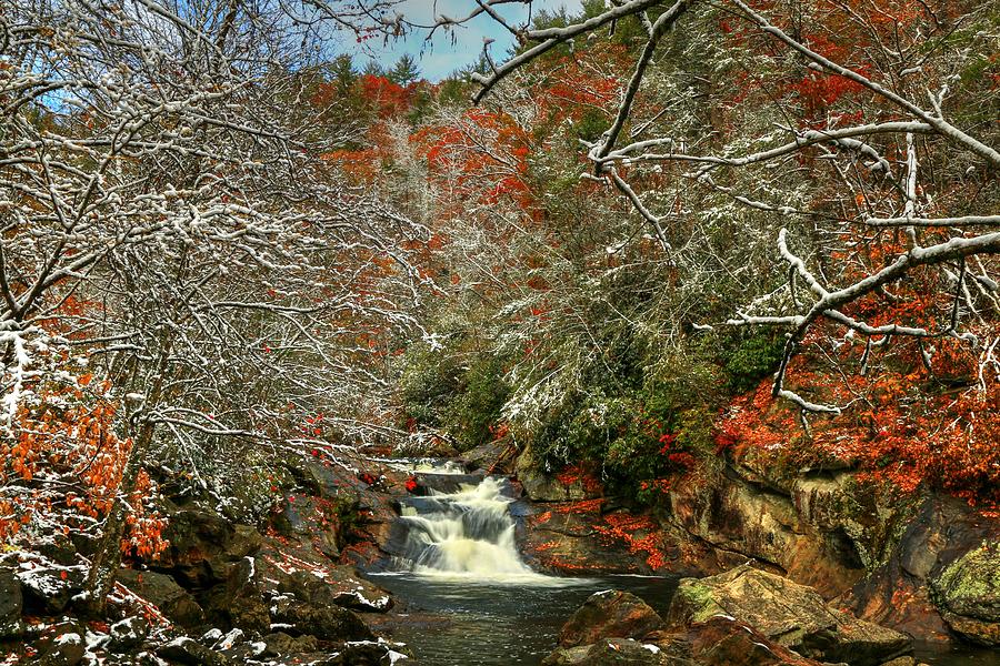 Bust Your Butt Waterfall Autumn Color and Snow Photograph by Carol Montoya