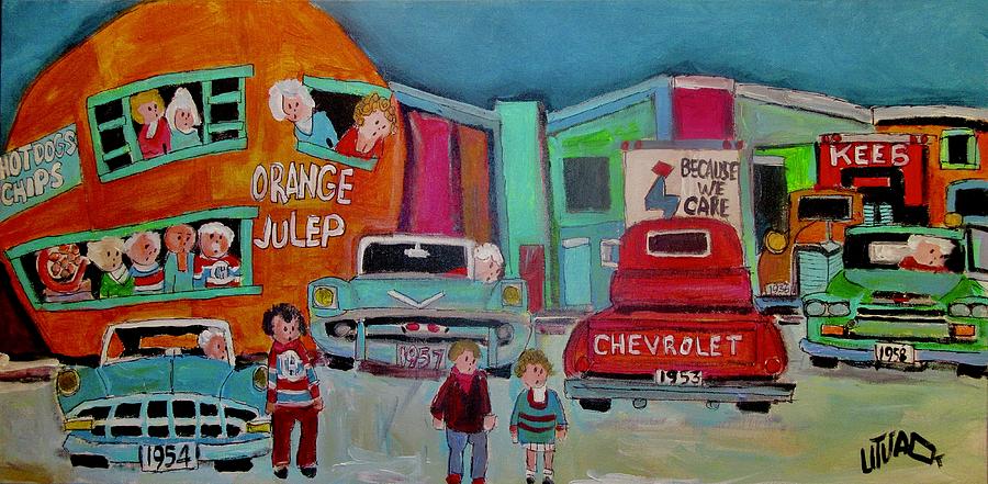 Busy night at the Orange Julep Montreal Icon Painting by Michael Litvack