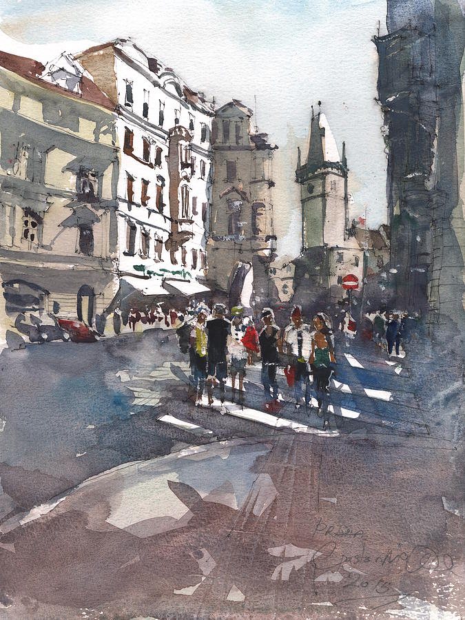 Busy summer day in Prague Painting by Gaston McKenzie