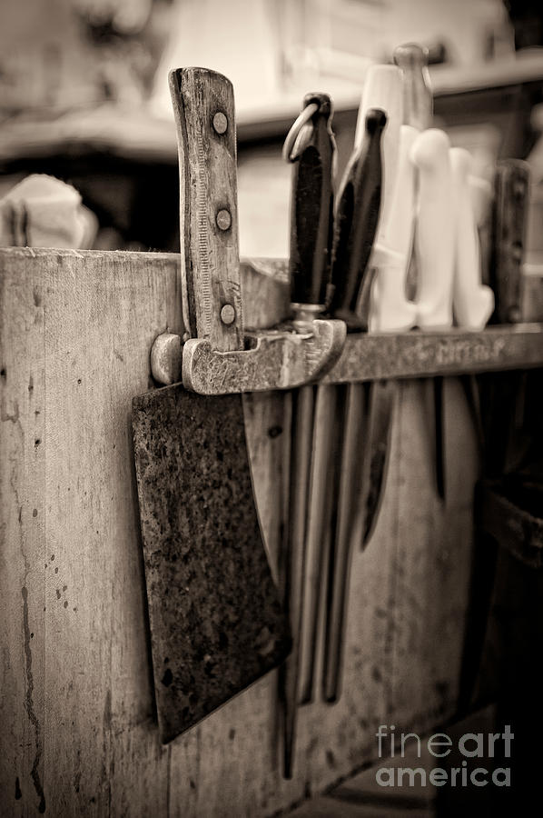 Black And White Photograph - Butcher shop knife rack by Andre Babiak