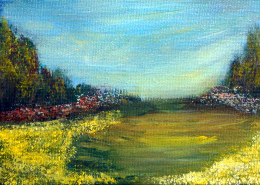 Buttercup Field Landscape Painting by Katy Hawk