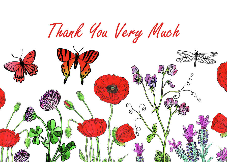 Butterflies And Wildflowers Thank You Card Design Painting