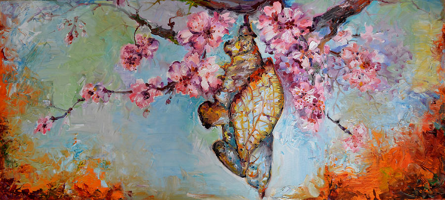 Butterfly Bud Big Painting, The Methamorphoses of a Chrysalis, Modern Art  Floral Oil Painting by Soos Roxana Gabriela