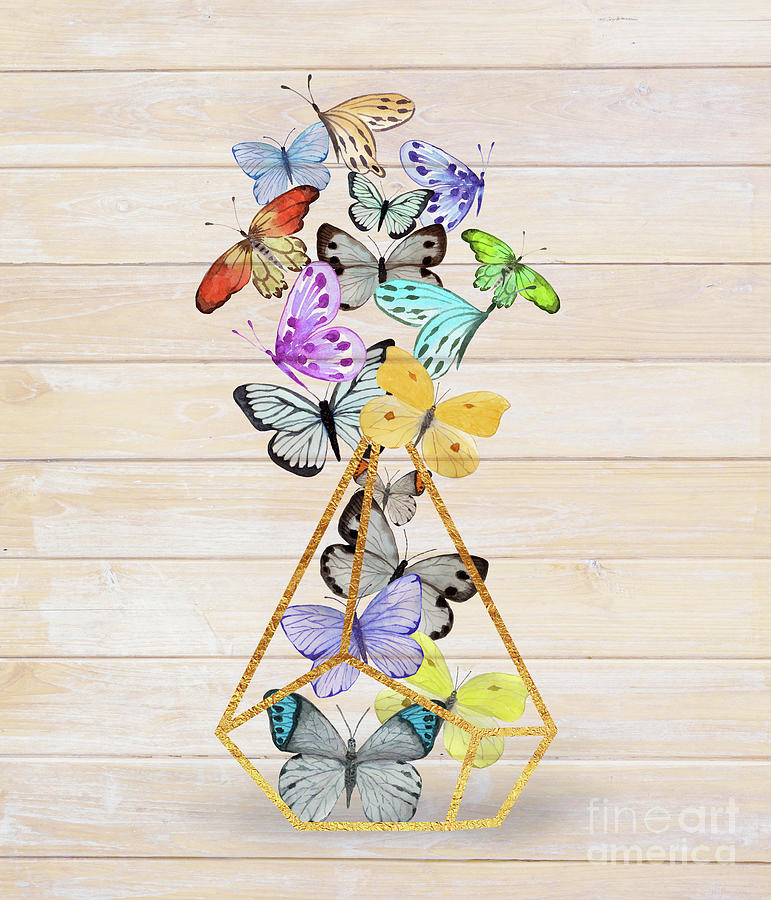 Butterfly gold wire terrarium against whitewashed wood Painting by Tina Lavoie
