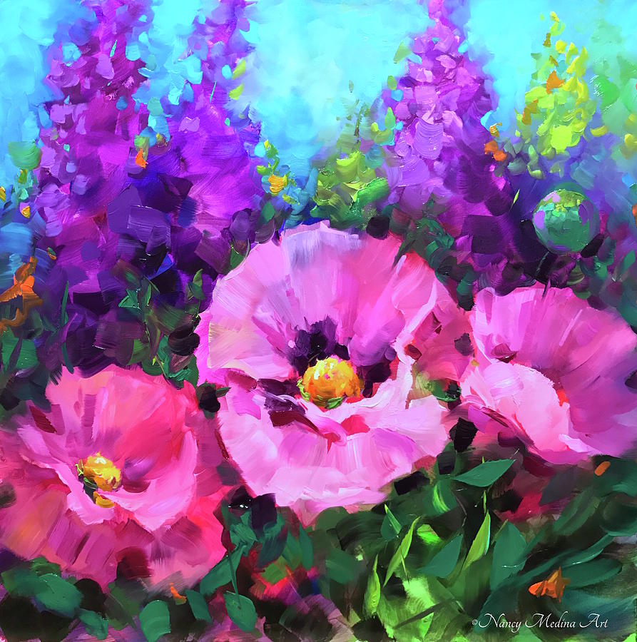 Butterfly Haven Pink Poppies Painting by Nancy Medina