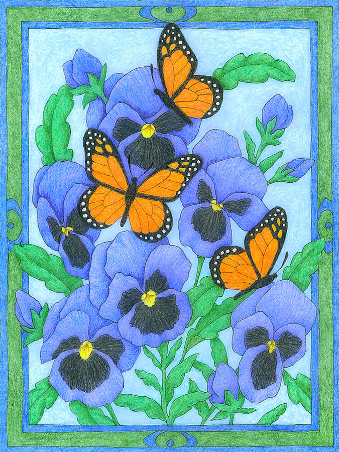 Butterfly Idyll-Pansies Drawing by Alison Stein