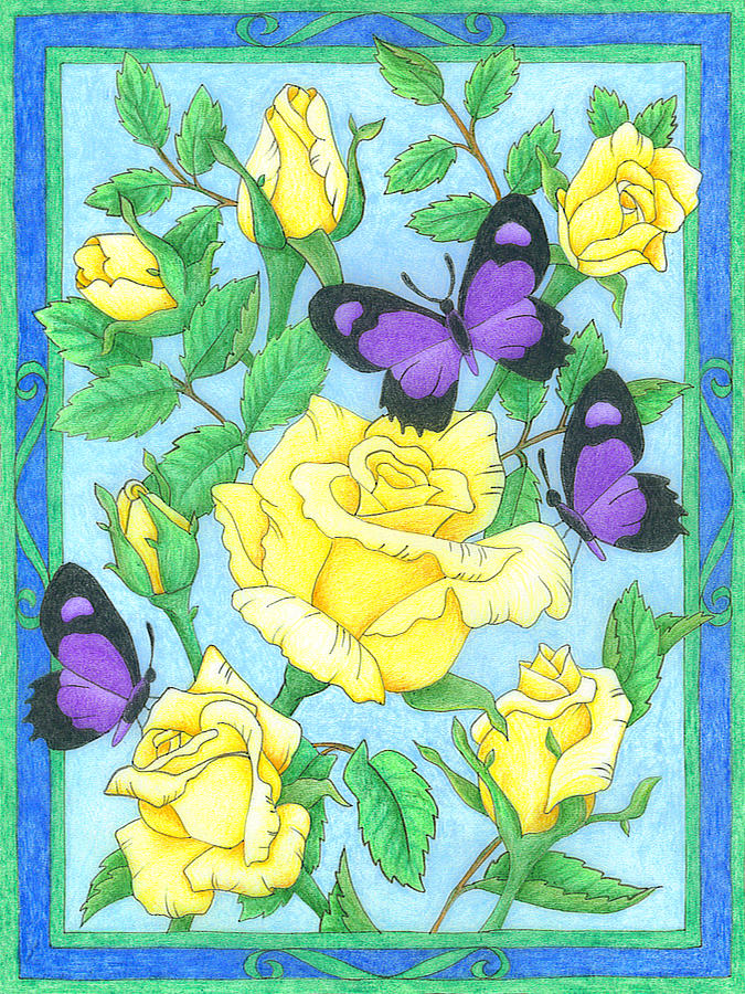 Butterfly Idyll-Roses Drawing by Alison Stein
