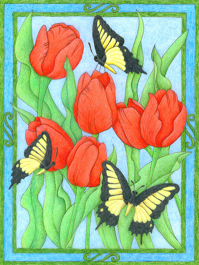 Butterfly Idyll-Tulips Drawing by Alison Stein
