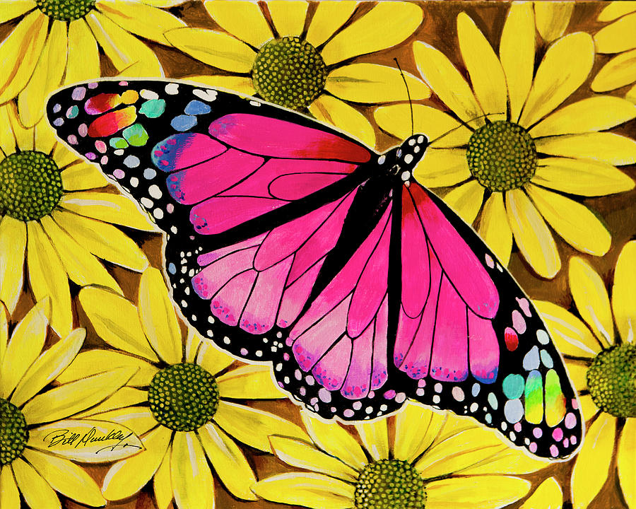 Butterfly in Yellow Flowers Painting by Bill Dunkley