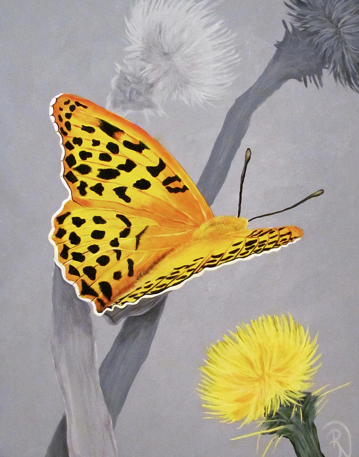 Leopard Butterfly on Yellow Thistle Painting by Renee Noel