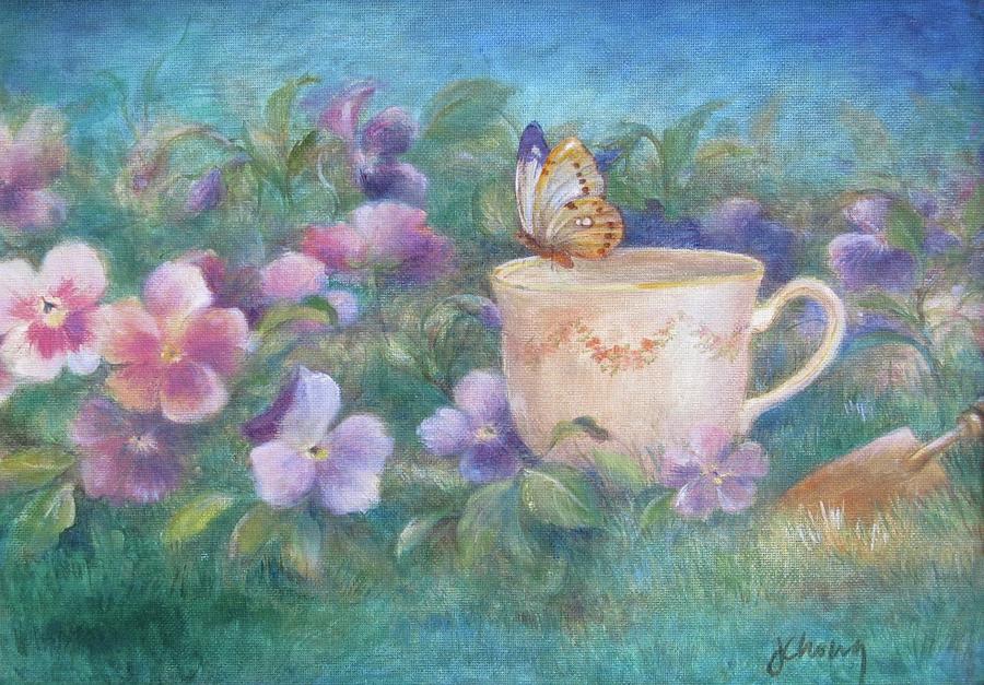 Butterfly on Teacup Painting by Judith Cheng