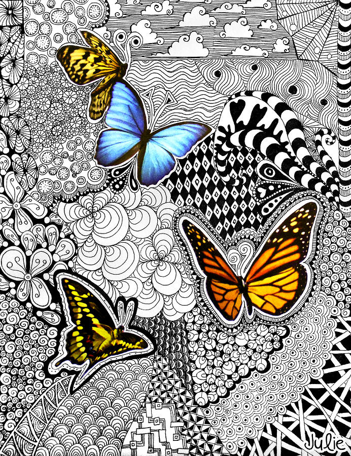 Black And White Drawing - Butterfly Tangle by Julie Erin Designs