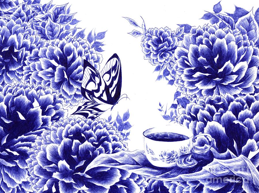 Butterfly Teatime Drawing by Alice Chen