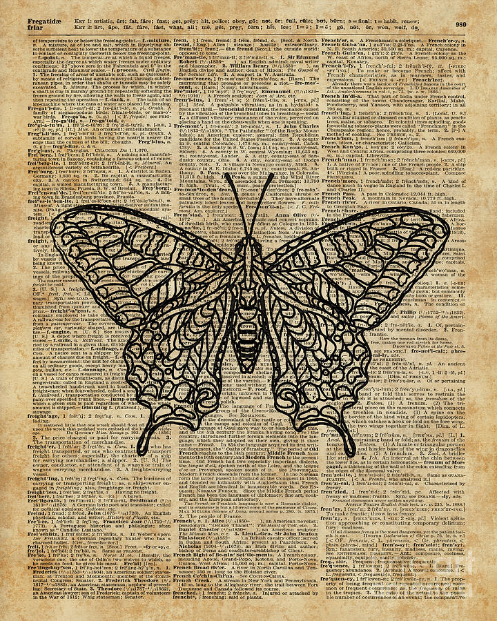 Butterfly Digital Art - Butterfly Zentagle Vinatge Dictionary Art by Anna W
