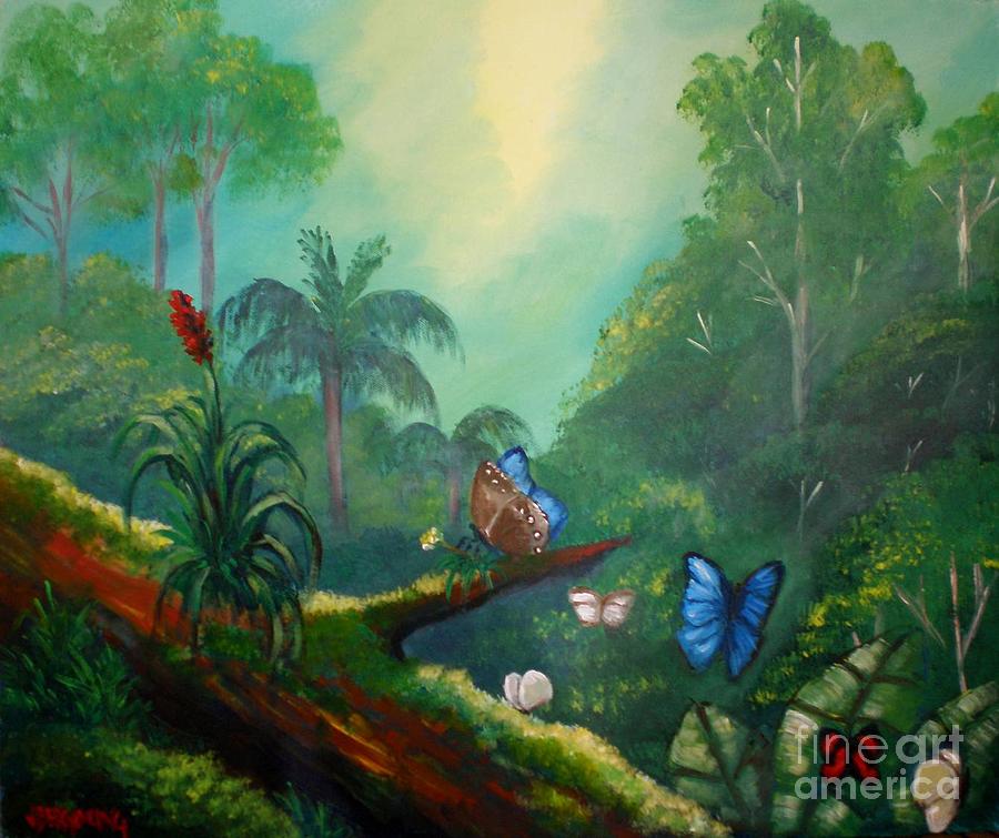 Butterflyes in the wild tropical forest Painting by Jean Pierre Bergoeing
