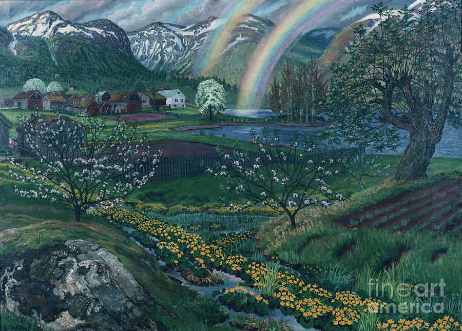 Butterups and rainbow Painting by O Vaering