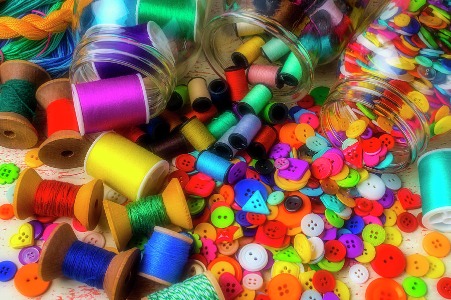 Spools of thread with buttons Photograph by Garry Gay - Pixels