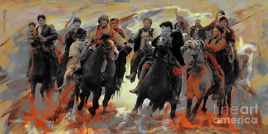 Horse Painting - Buzkashi Abstract art  by Gull G
