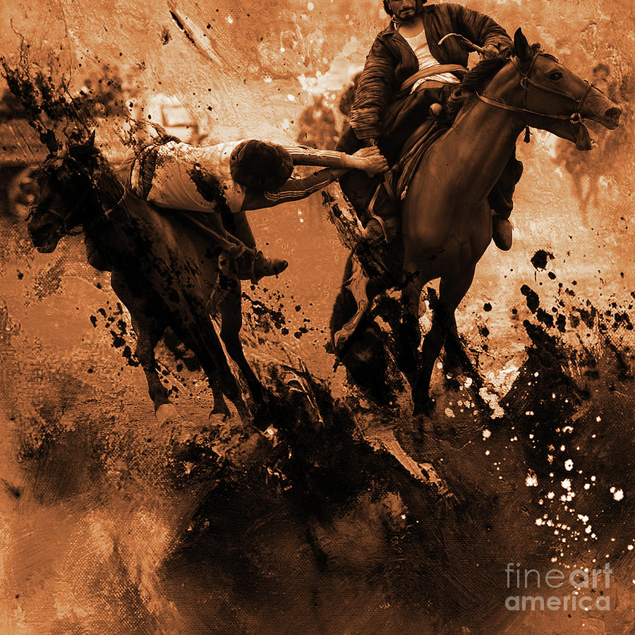 Horse Painting - Buzkashi Afghanistan Art by Gull G