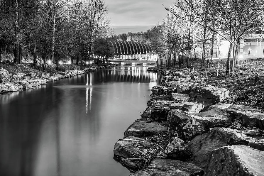 Black And White Photograph - BW Crystal Bridges River and Rocks - Monnochrome - Bentonville Arkansas  by Gregory Ballos