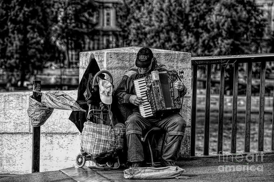 BW Musician Streets of Paris  Photograph by Chuck Kuhn