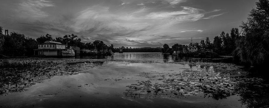 Black And White Photograph - BW Panoramic view on the sunset over river harbour in Ukraine by Yevhenii Volchenkov