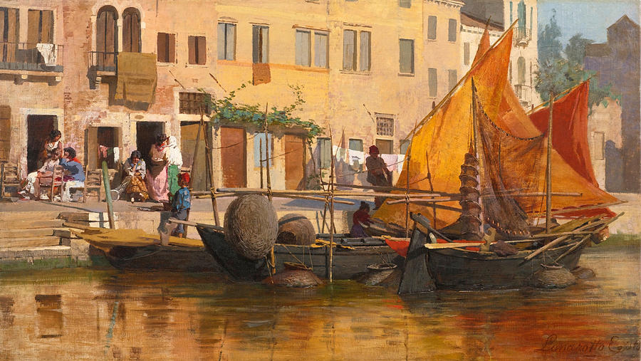 By the Canal Painting by Egisto Lancerotto