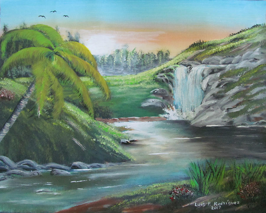 By The Waterfall Painting by Luis F Rodriguez