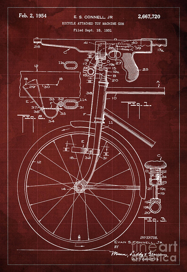 Year 1930 Painting - Bycicle Attached Toy Machine Gun Patent Blueprint, Year 1951 Red Vintage Art by Drawspots Illustrations