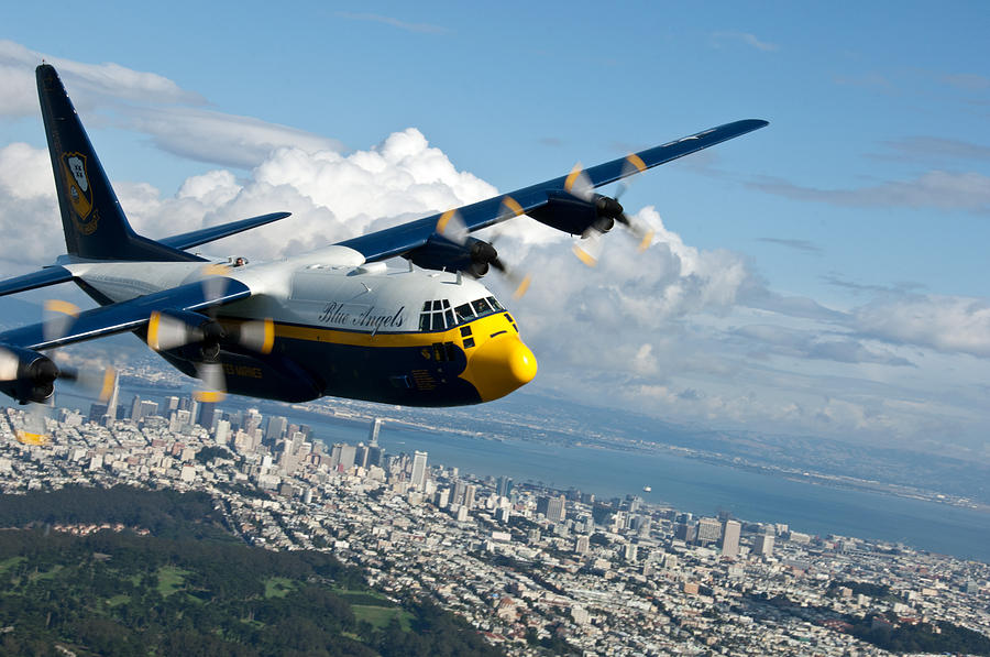 C-130 Hercules flys over San Francisco  Painting by Celestial Images