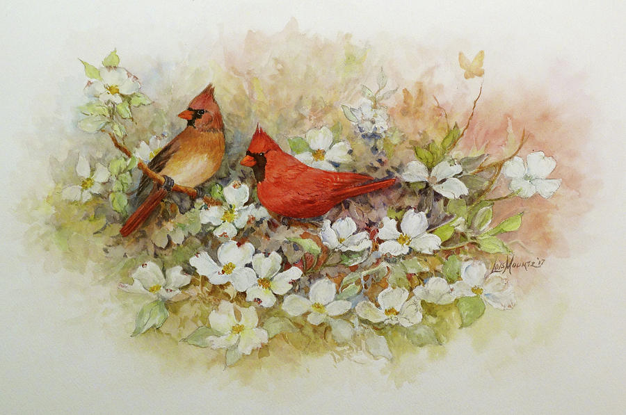 Cardinals and Dogwood  Painting by Lois Mountz