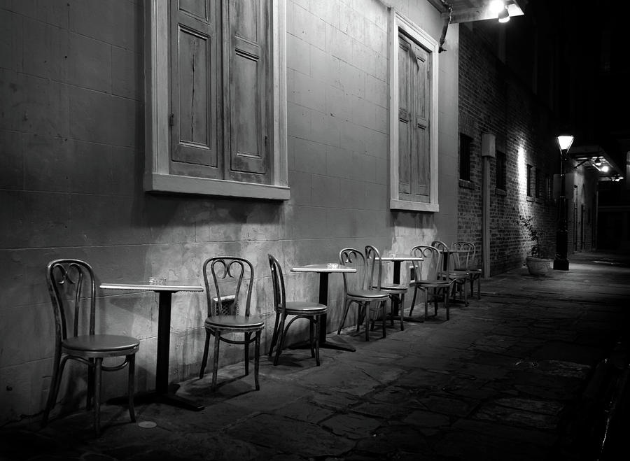 Cabildo Alley Tables In Black and White Photograph by Greg and Chrystal Mimbs