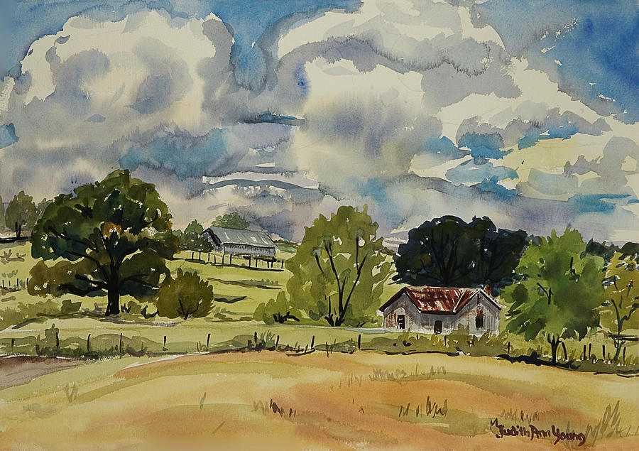 Cabin and field Painting by Judith Young