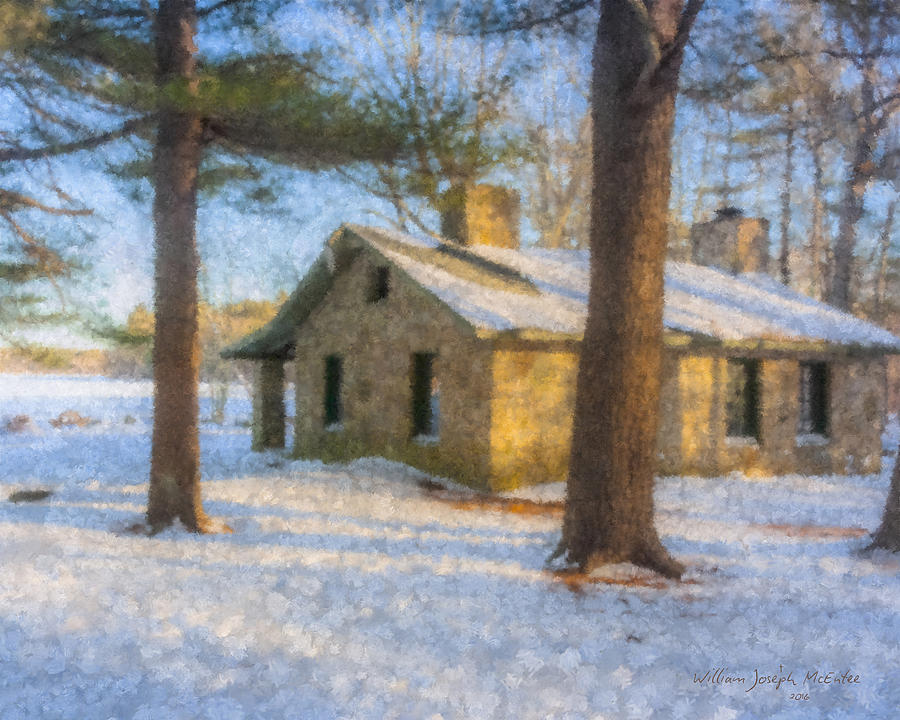 Cabin at Borderland in Winter  Painting by Bill McEntee