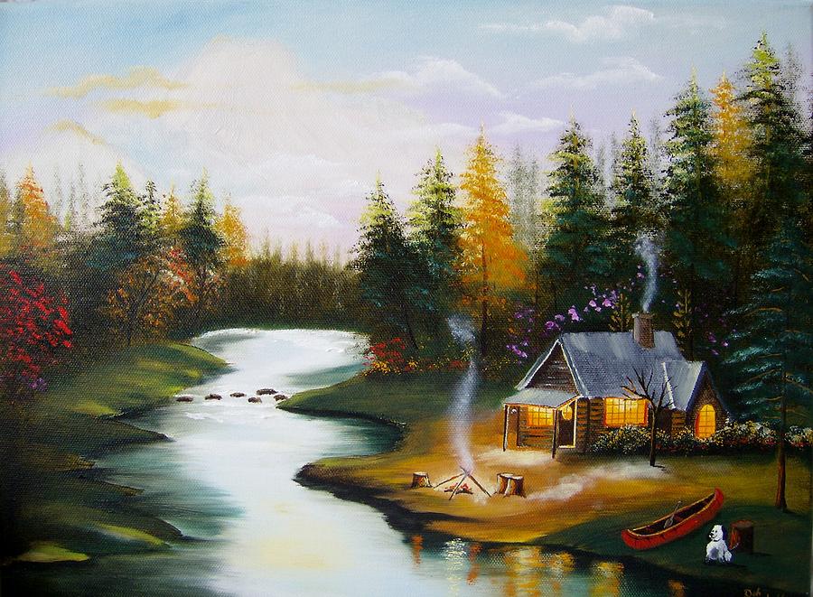 Cabin by the River Painting by Debra Campbell