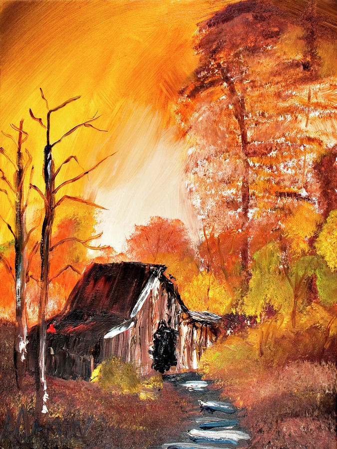 Cabin In the Fall Woods Painting by David Martin