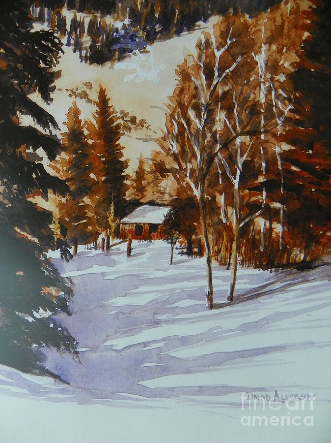 Cabin In The Mountain Snow  Painting by David Ackerson
