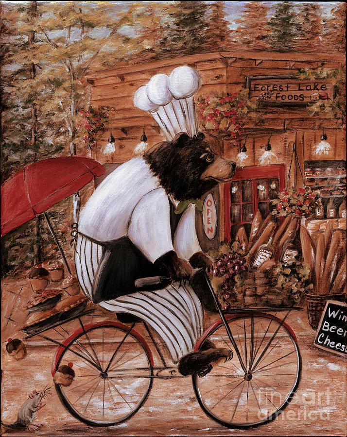 Cabin Kitchen - Bear On Bike - Chef Bear-nard Painting by Debbie Cerone